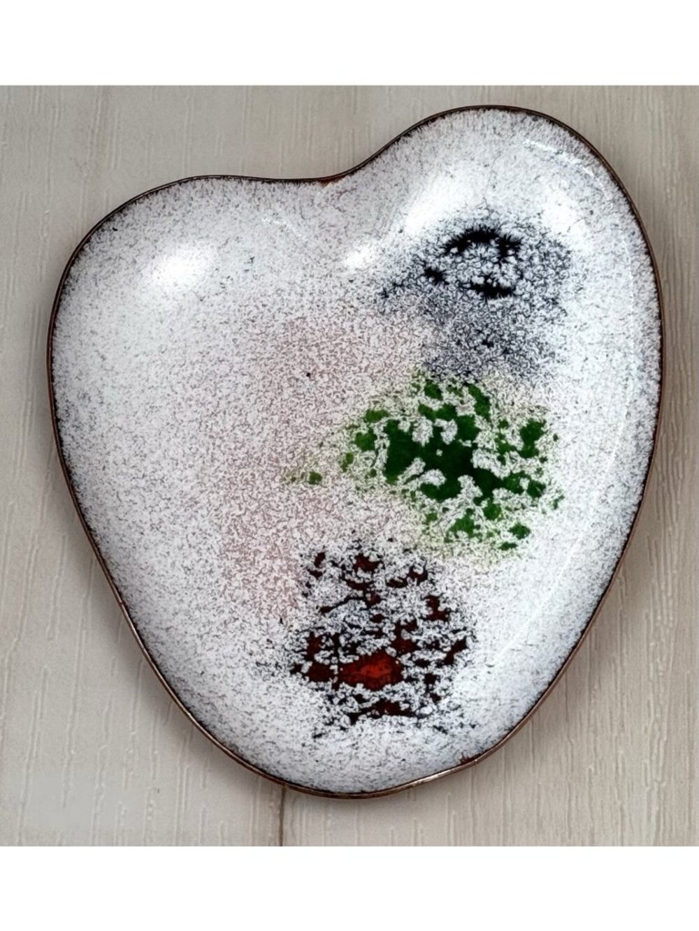 4" Copper Enamel Heart Shaped TRINKET DISH Muticolor Splatter Germany Tarnish